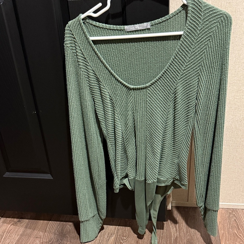 BKE Olive Ribbed Knit Blouse with Tie-Front